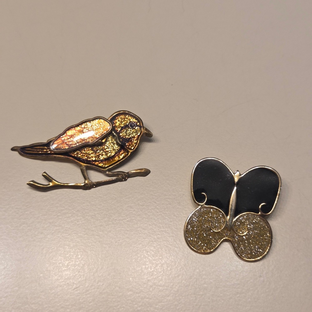 Vintage Unsigned Gold Tone Bird & Butterfly Black Enamel Glitter Brooch Pin Set
